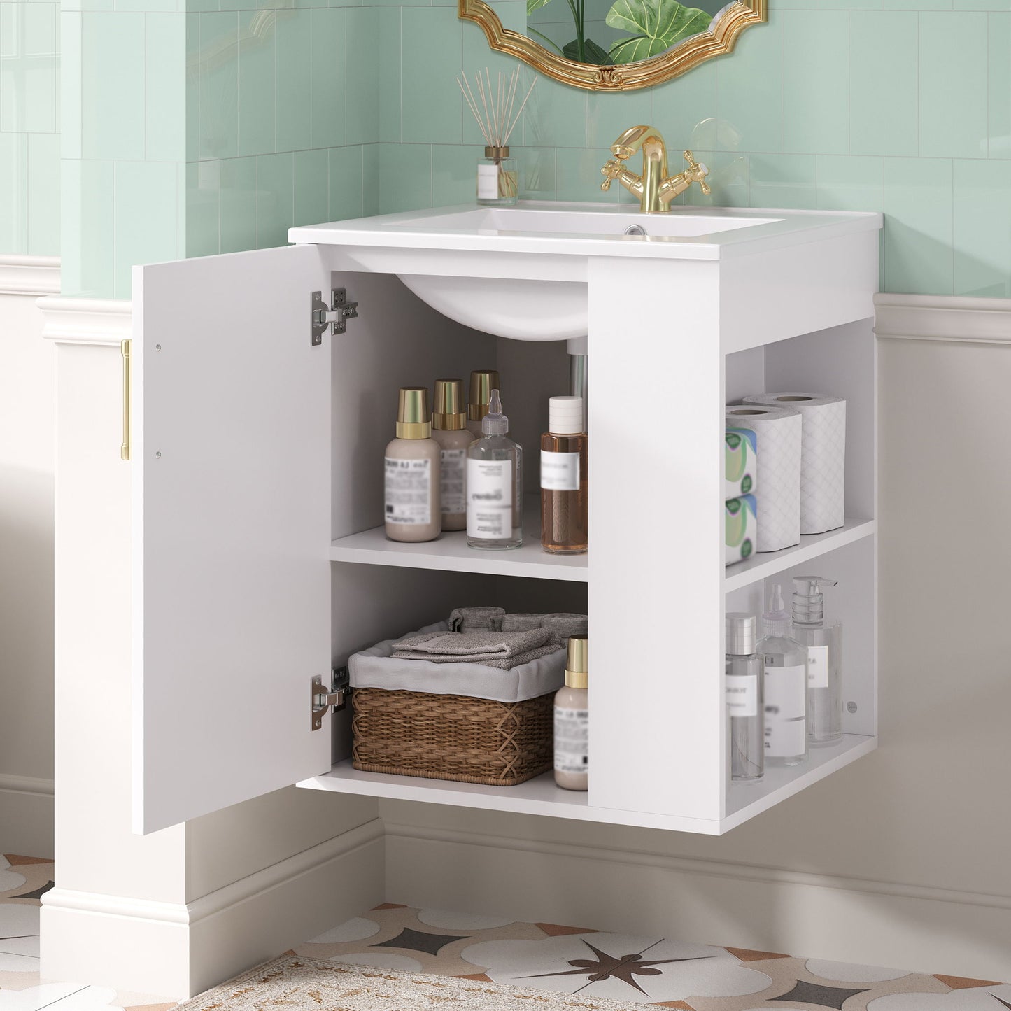 Wall Mounted Bathroom Cabinet With Side Shelf Combo, Vanity With Sink - White