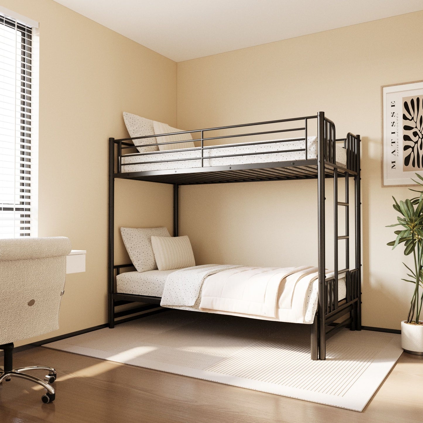 Twin Metal Pull Out Bunk Bed With Guardrail And Built In Ladder, Space Saving Convertible Frame For Bedroom - Black