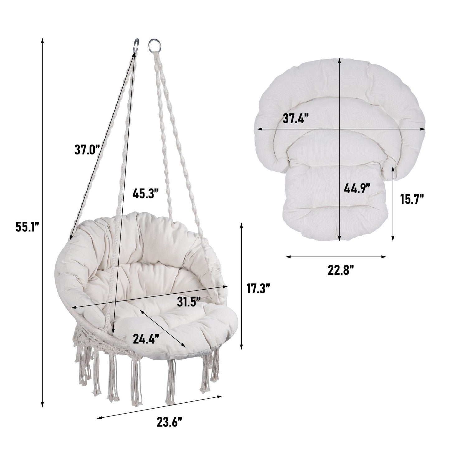 Macrame Hanging Hammock Chair With Cushion, Cotton Rope Swing For Indoor And Outdoor Use, 330 Lbs Capacity - Beige