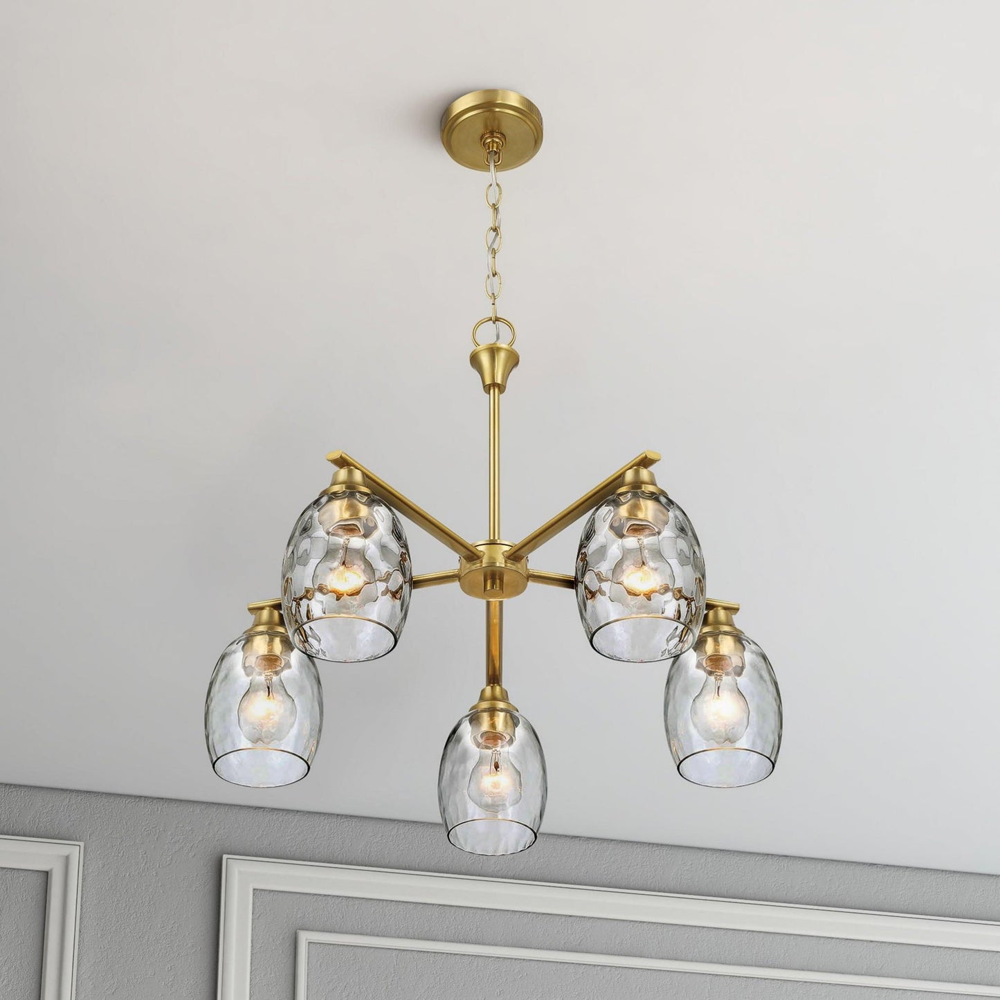 5 Lights Linear Arms With Chain Chandelier - Clear / Gold