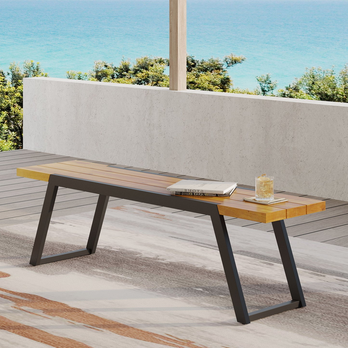 Earl - Outdoor Bench With Wooden Slat Panel Top - Black