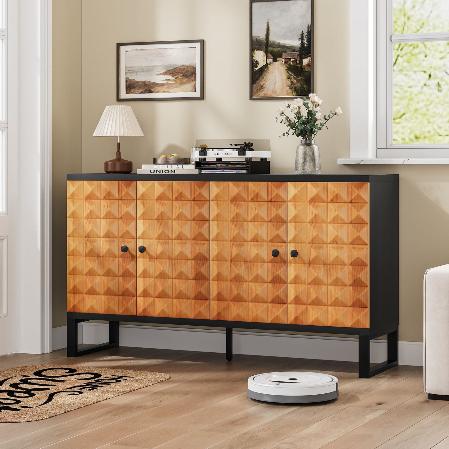 Modern Buffet Cabinet With Storage Space, Retro Style 4 Door Wooden Storage Cabinet, Multifunctional Decorative Cabinet With Geometric Patterns, Suitable For Living Room, Dining Room, Entrance - Orange / Yellow