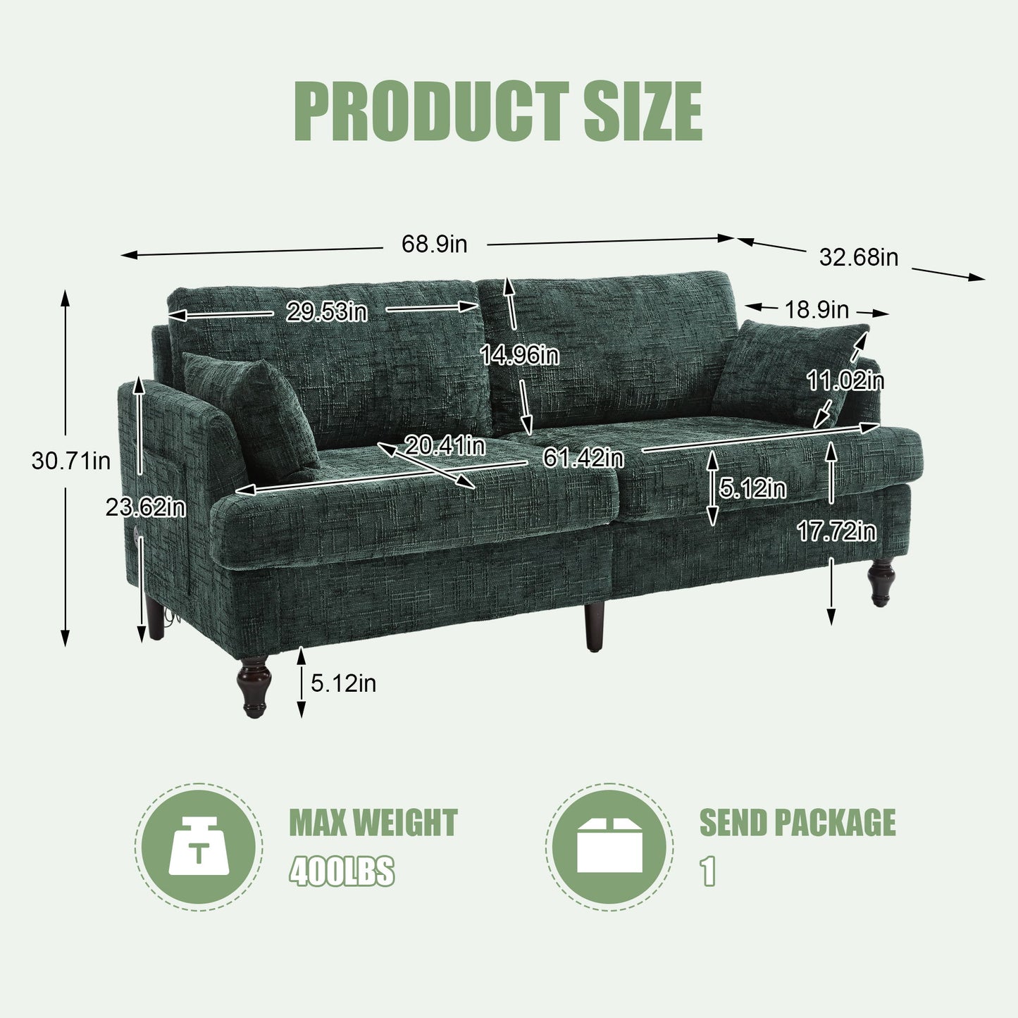 Chenille 2 Seater Sofa With LED Light, USB Charging Port, And Storage Bag