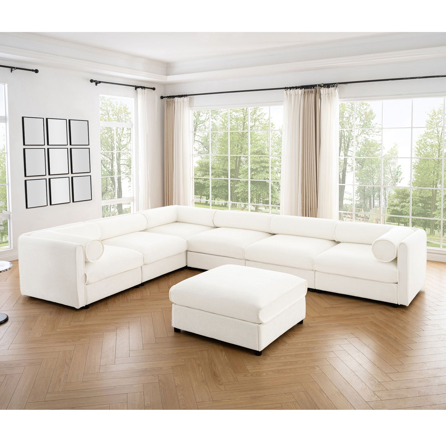 Contemporary Elegant White Chenille Sofa With Storage And Ottoman