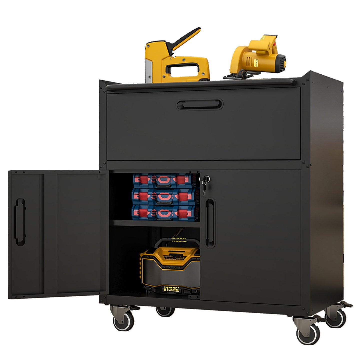 Sturdy And Durable Metal Tool Cabinet For Garage With Wheels Mobile Heavy Duty Storage Cabinet With 1 Drawer And 2 Locking Doors
