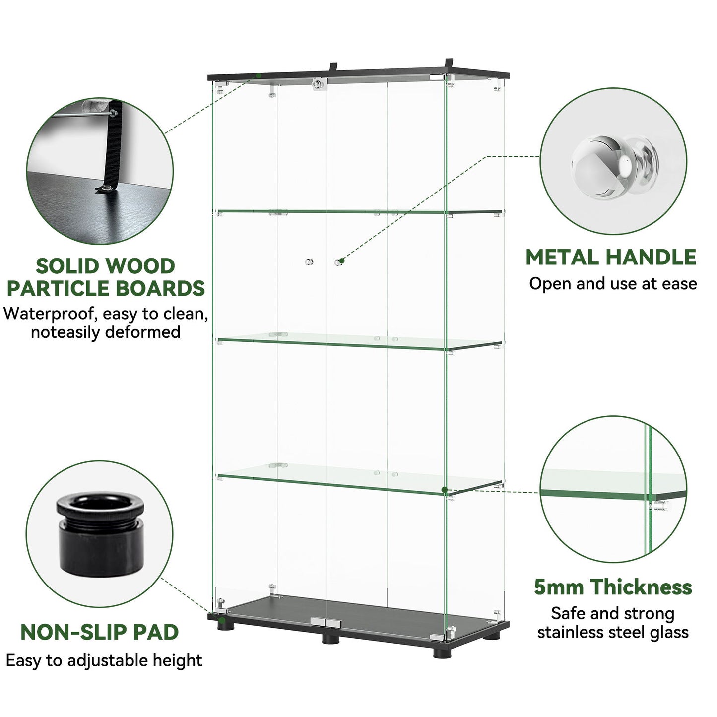 Modern Glass Display Cabinet With 4 Shelf Double Doors And Lock, Tempered Glass Bookshelf For Living Room - Black