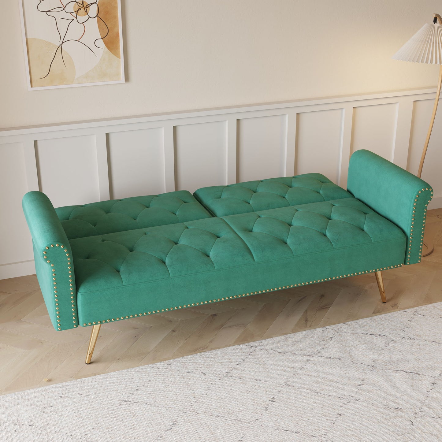 Luxurious Velvet Sofa Bed With Nail Head Trim And Matching Pillow