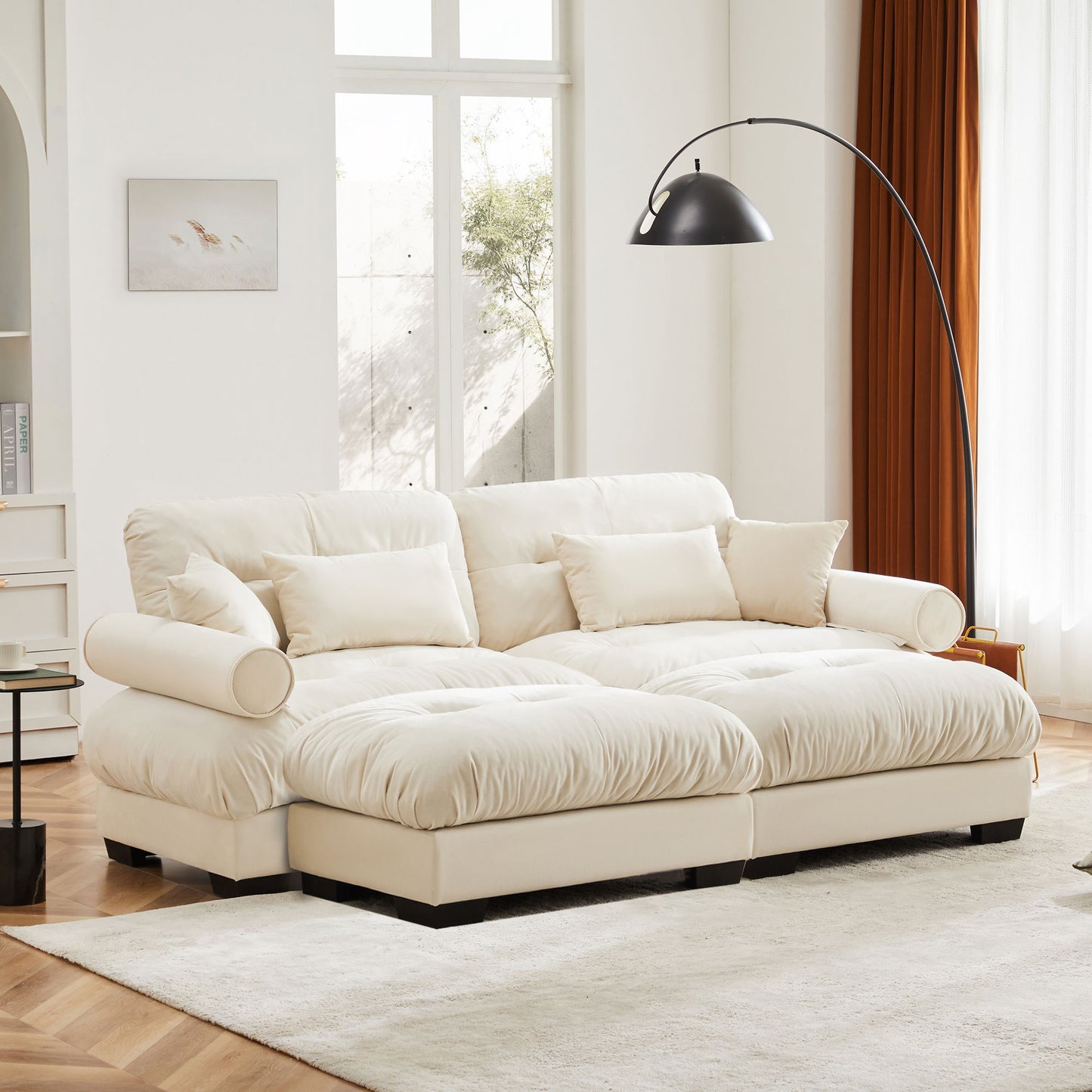 Modern Sectional Sofa With Ottoman, Round Bolster Armrests, Waist And Throw Pillows