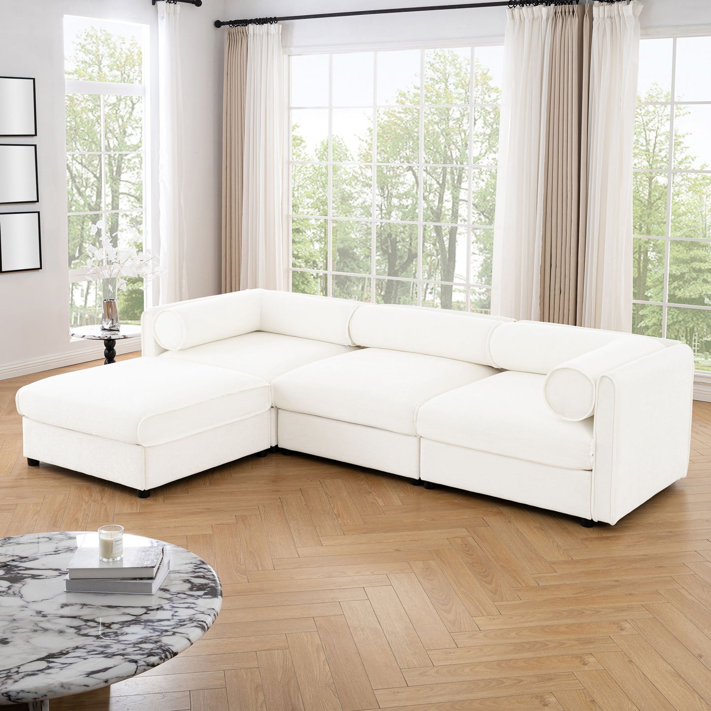 Contemporary Elegant White Chenille Sofa With Storage And Ottoman