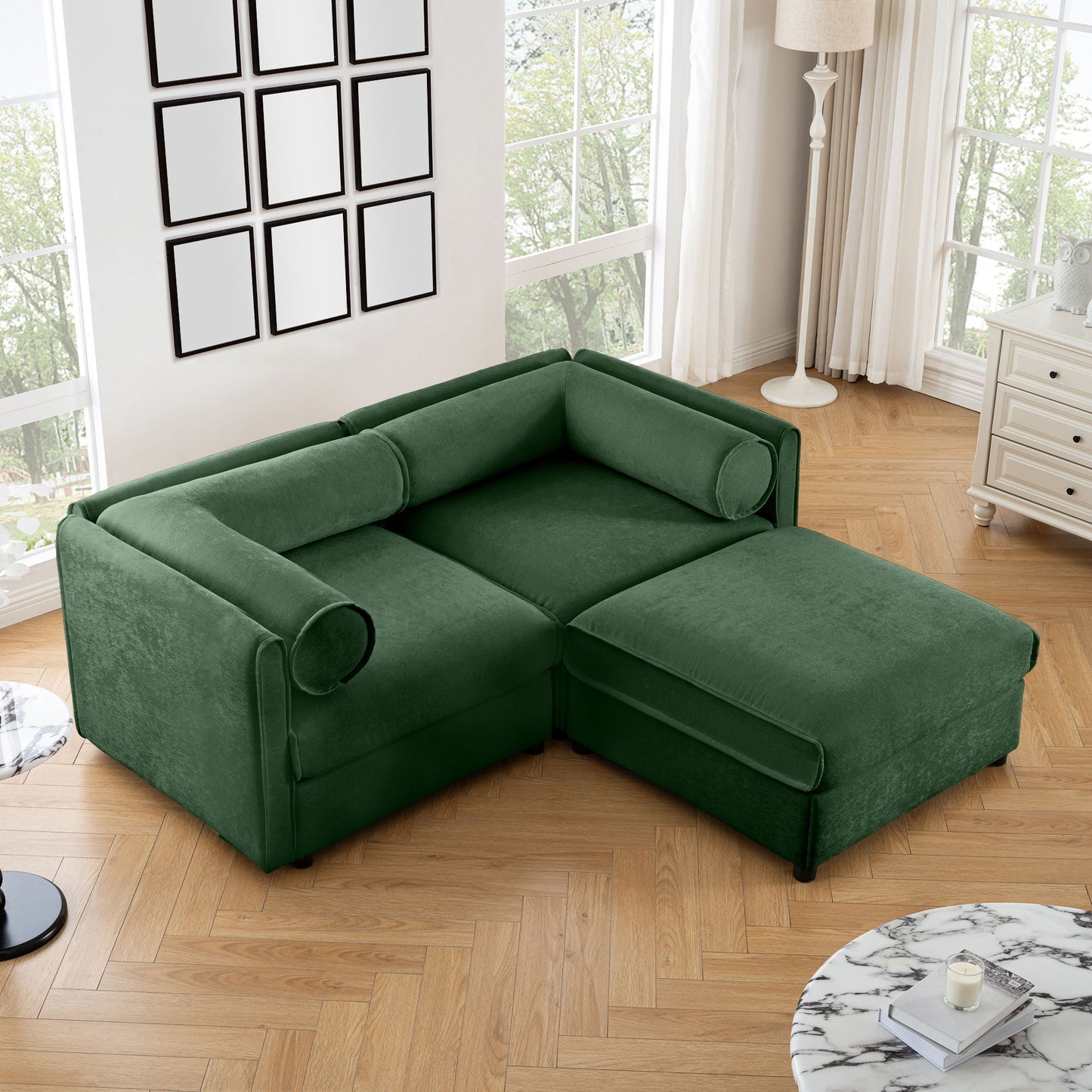 Contemporary Elegant White Chenille Sofa With Storage And Ottoman
