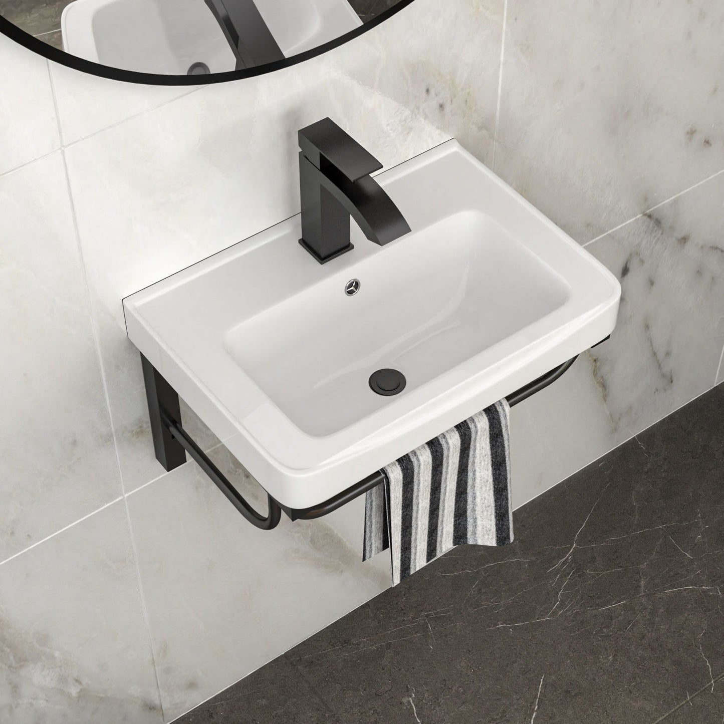 Wall Mounted Rectangular Bathroom Sink With 304 Stainless Steel Towel Bar & Overflow - White