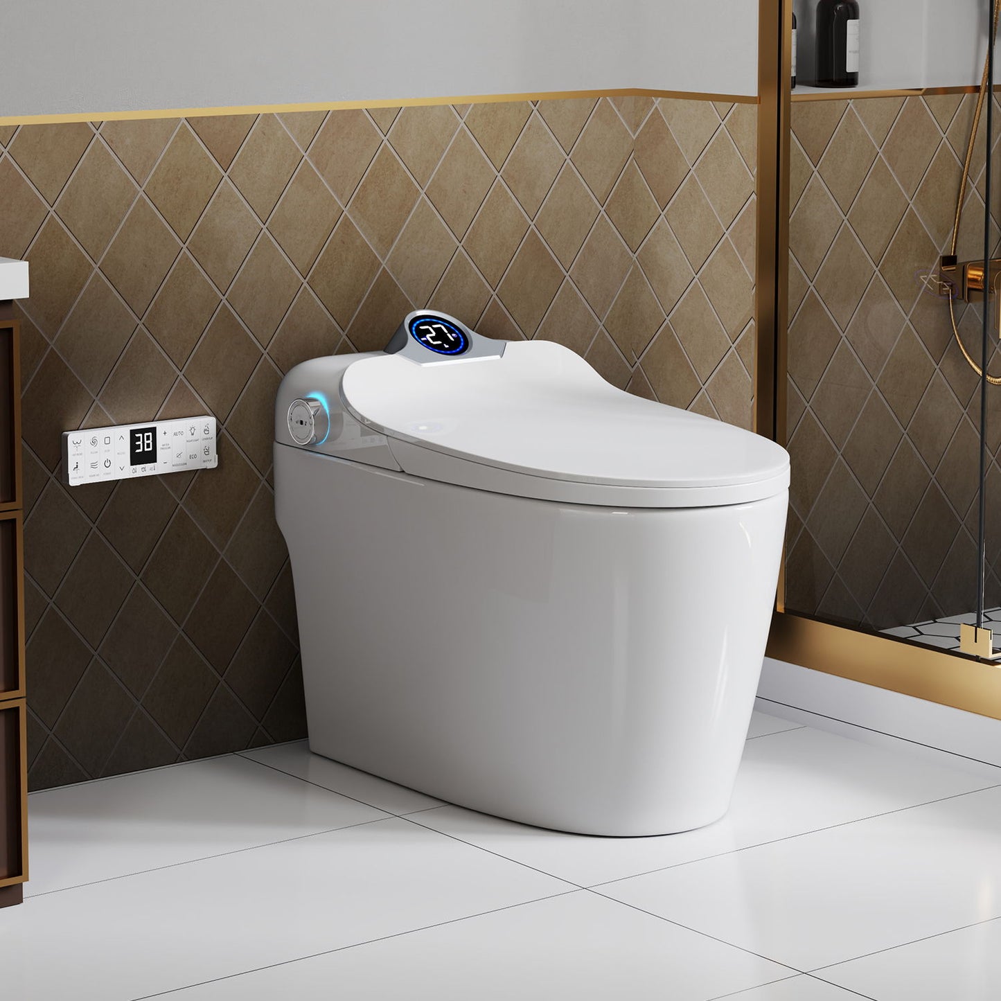 Smart Toilet Bidet Combo With Foot Sensor, LED Display, Heated Seat And Airflow, Ceramic - White
