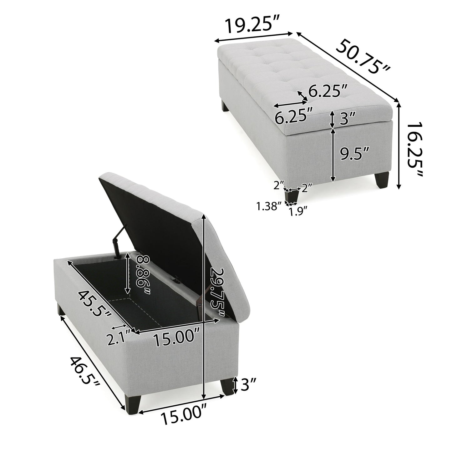 Home Mission - Upholstered Storage Ottoman Bench - Light Gray