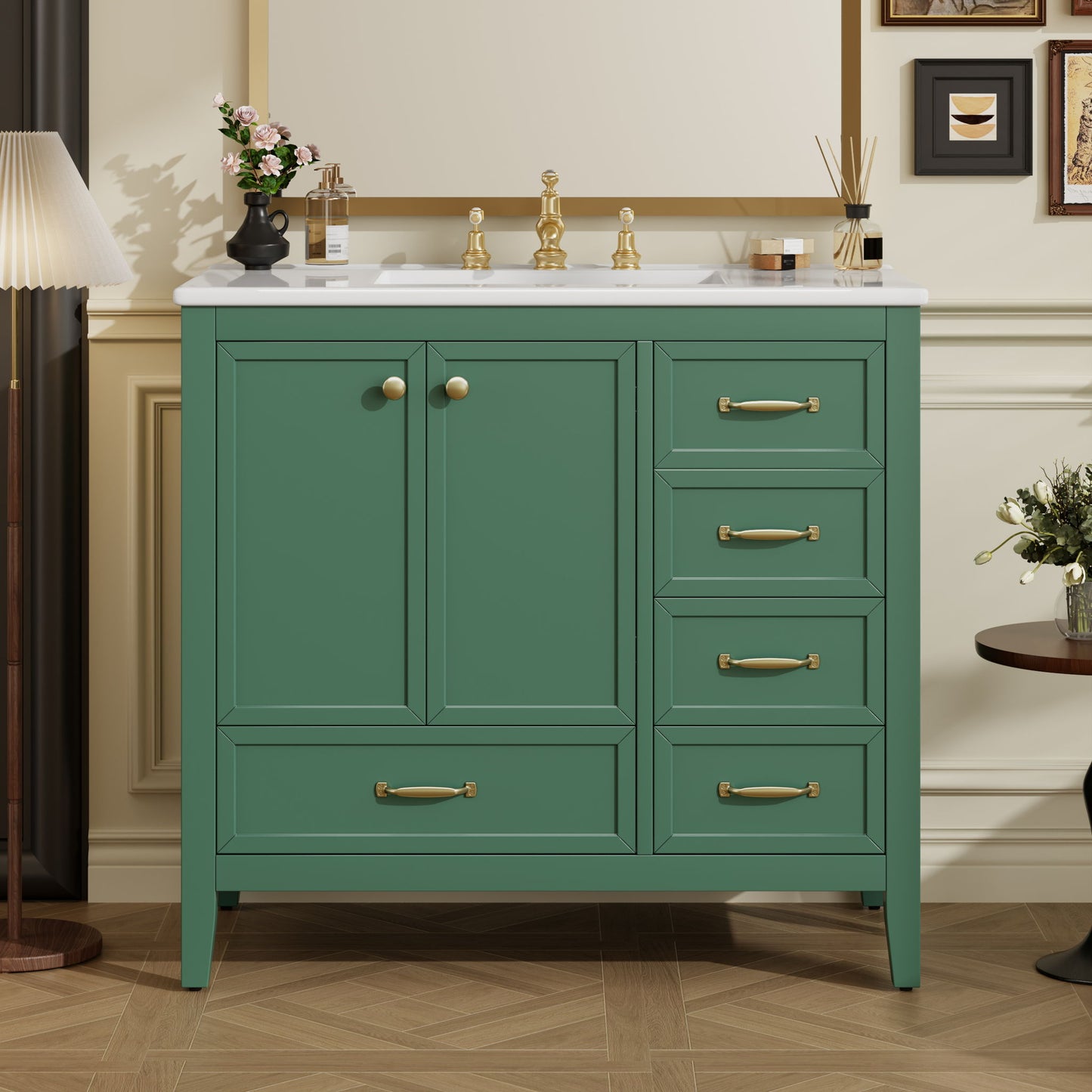 Elegant Vintage Bathroom Vanity With Sink And Soft Closing Door, 4 Drawers Of Different Sizes Frame