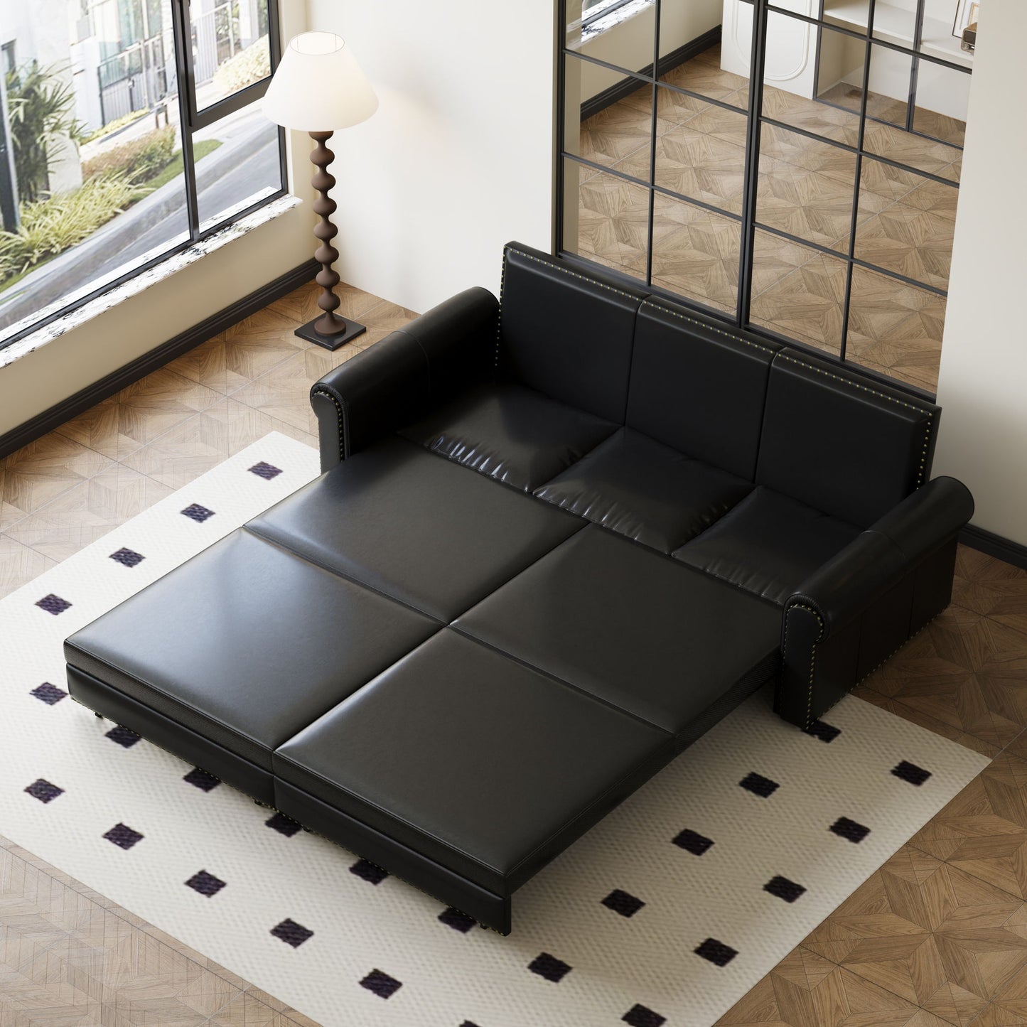 3 In 1 Convertible Sleeper Sofa With Nailhead Trim & Rolled Arm