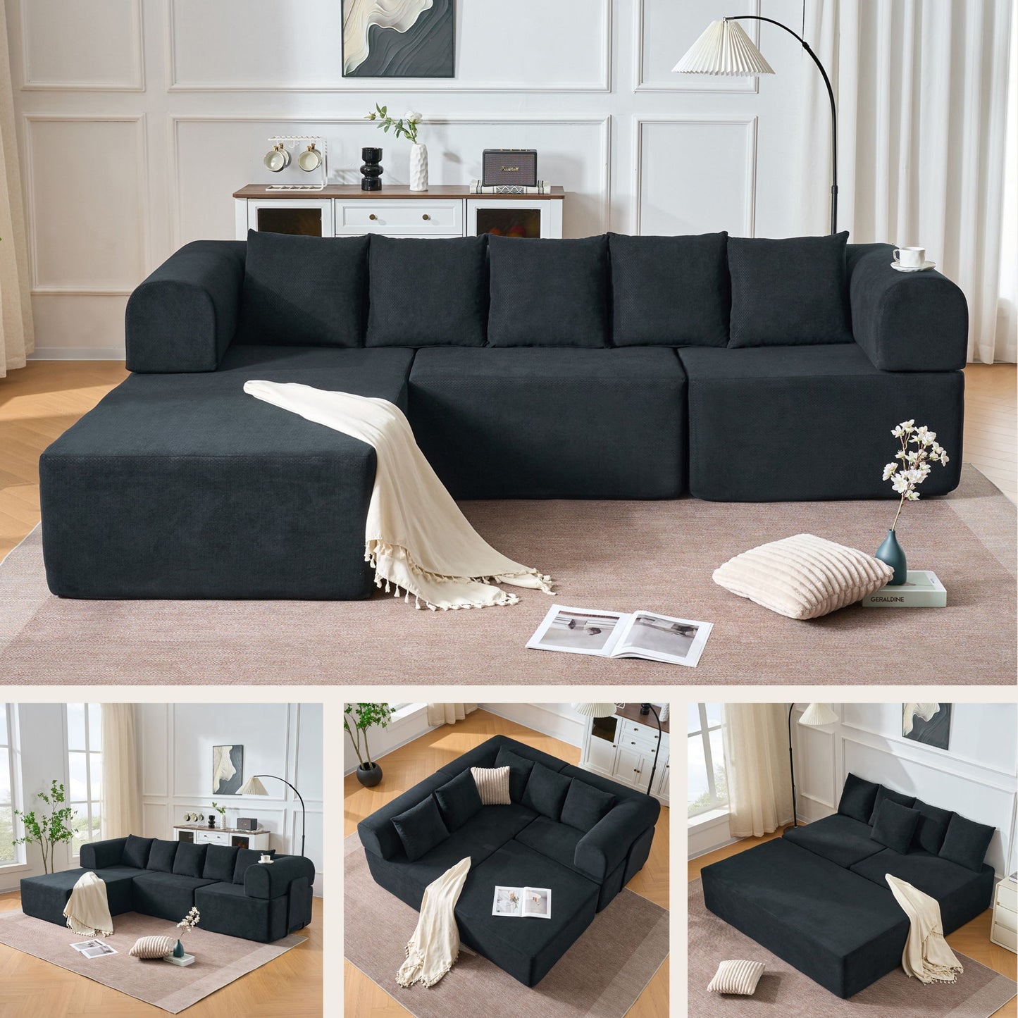 Modular L-Shaped Sectional Sofa With Deep Seat, Movable Chaise & 5 Pillows