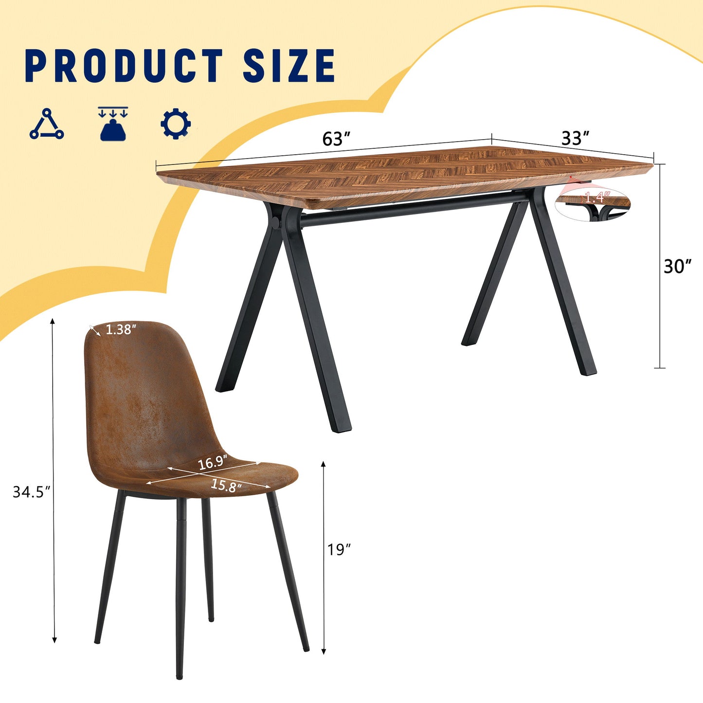 Suede Backrest Chairs With Metal Legs & Herringbone Dining Table Set