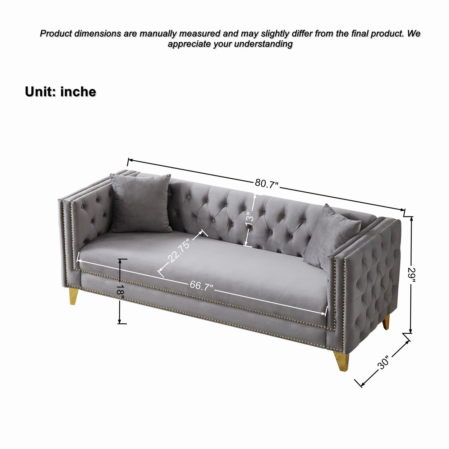 3 Seater Deep Seat Sofa, Sofa With Button Nailhead, Square Arm