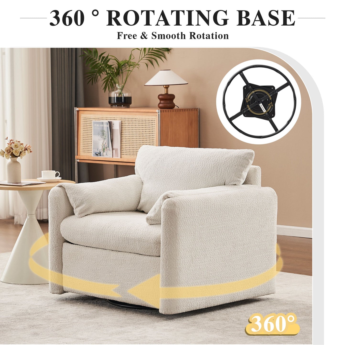 Swivel Modern Swivel Accent Chair Single Seater 360° Rotating For Living Room, Bedroom - Ivory White