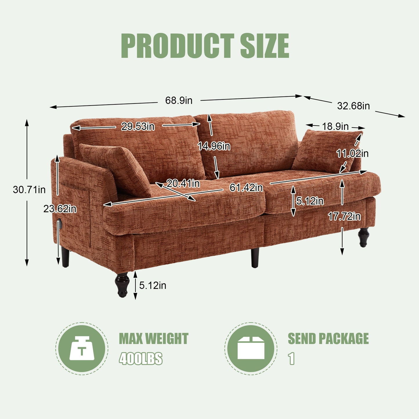 Chenille 2 Seater Sofa With LED Light, USB Charging Port, And Storage Bag