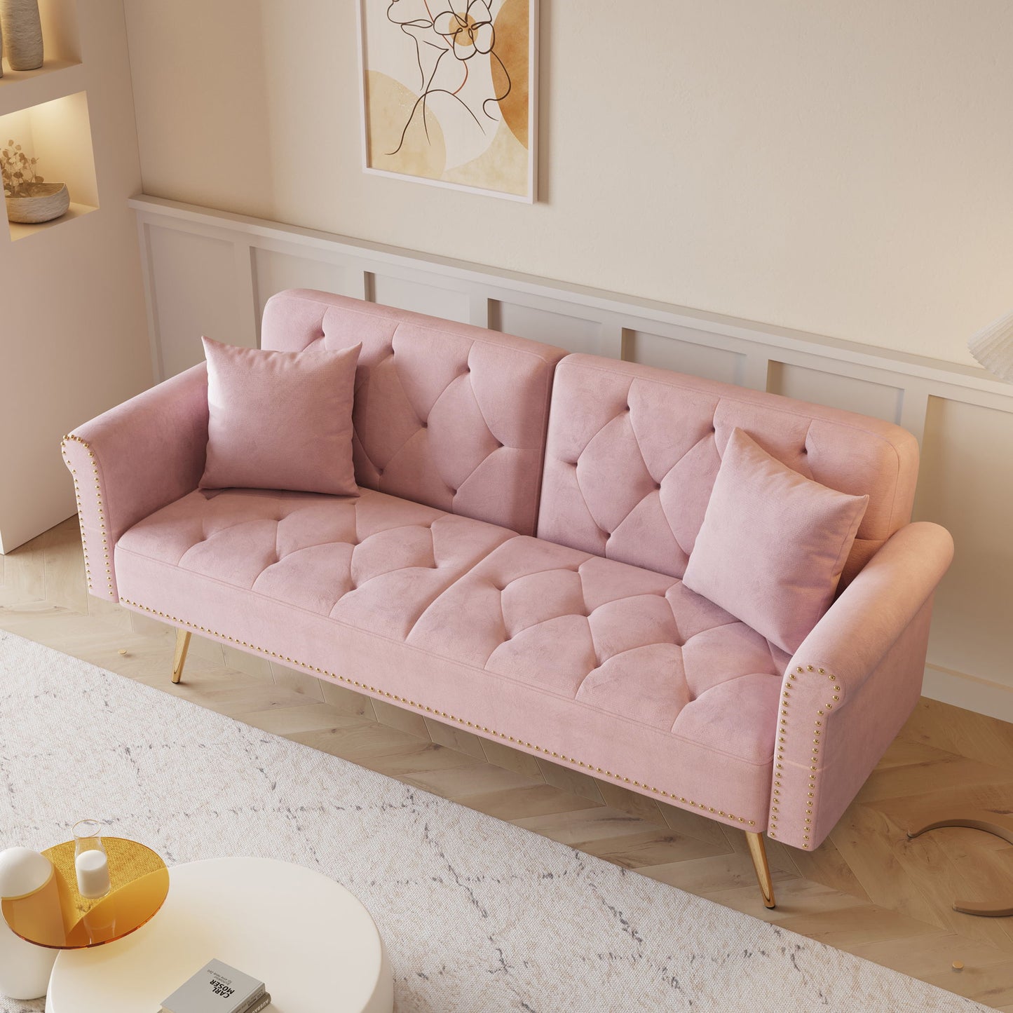 Luxurious Velvet Sofa Bed With Nail Head Trim And Matching Pillow