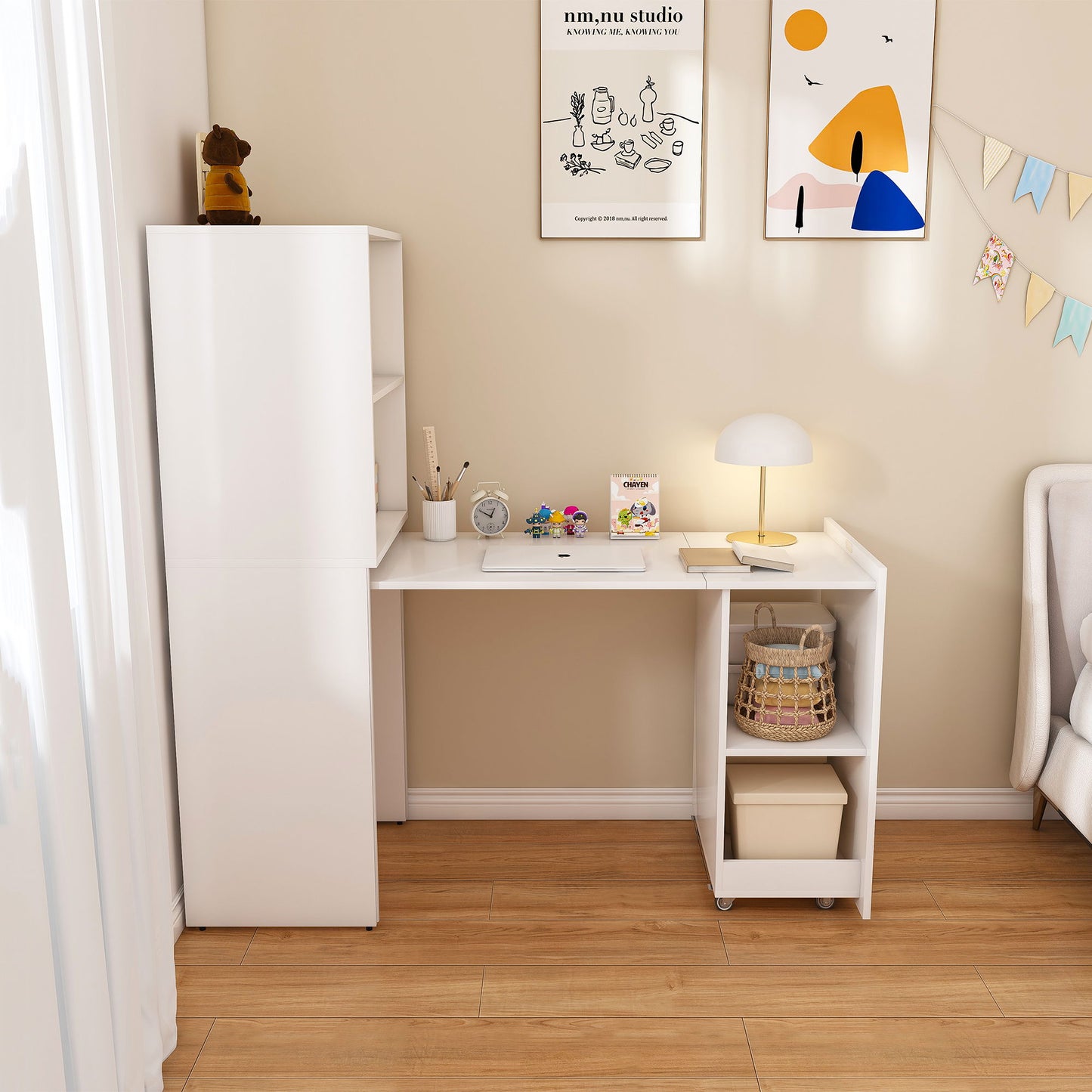 Stretchable Office Desk With Storage Shelves And Mobile Wheels