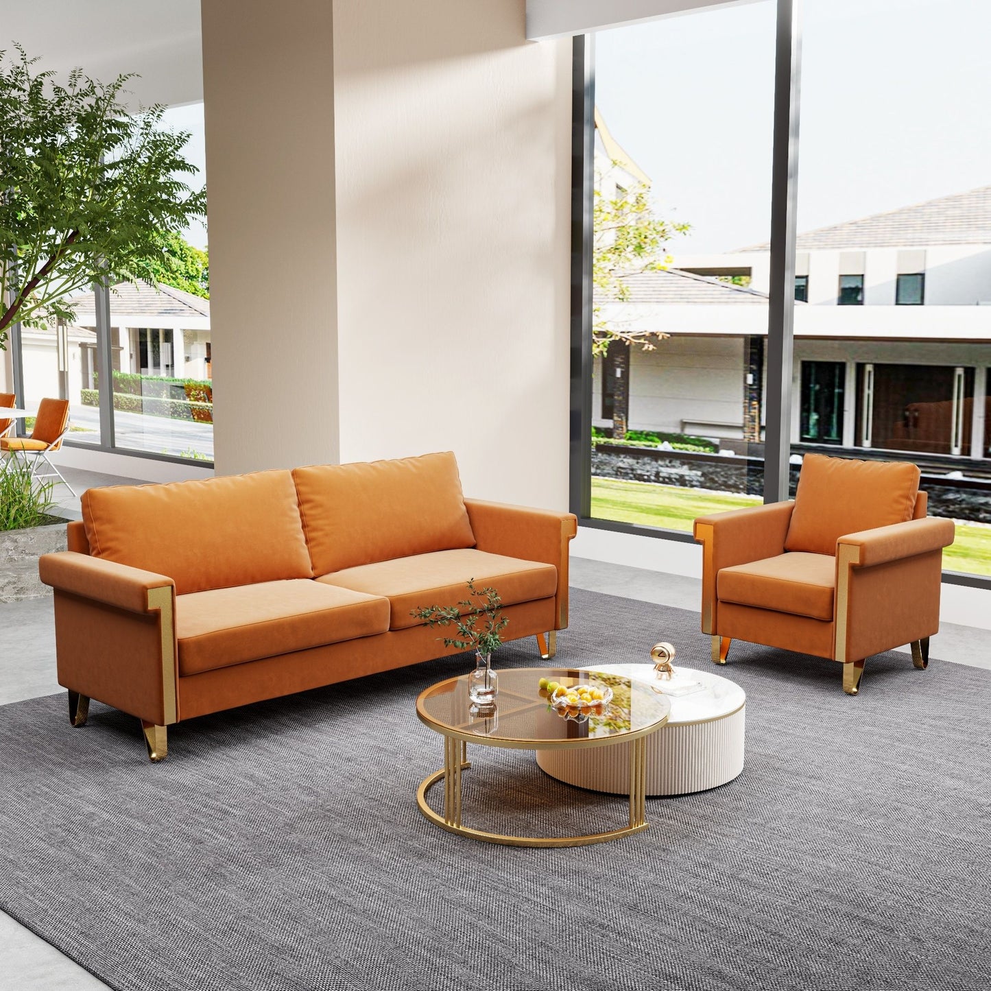 Luxury Velvet Sofa And Chair Set With Metal Accents