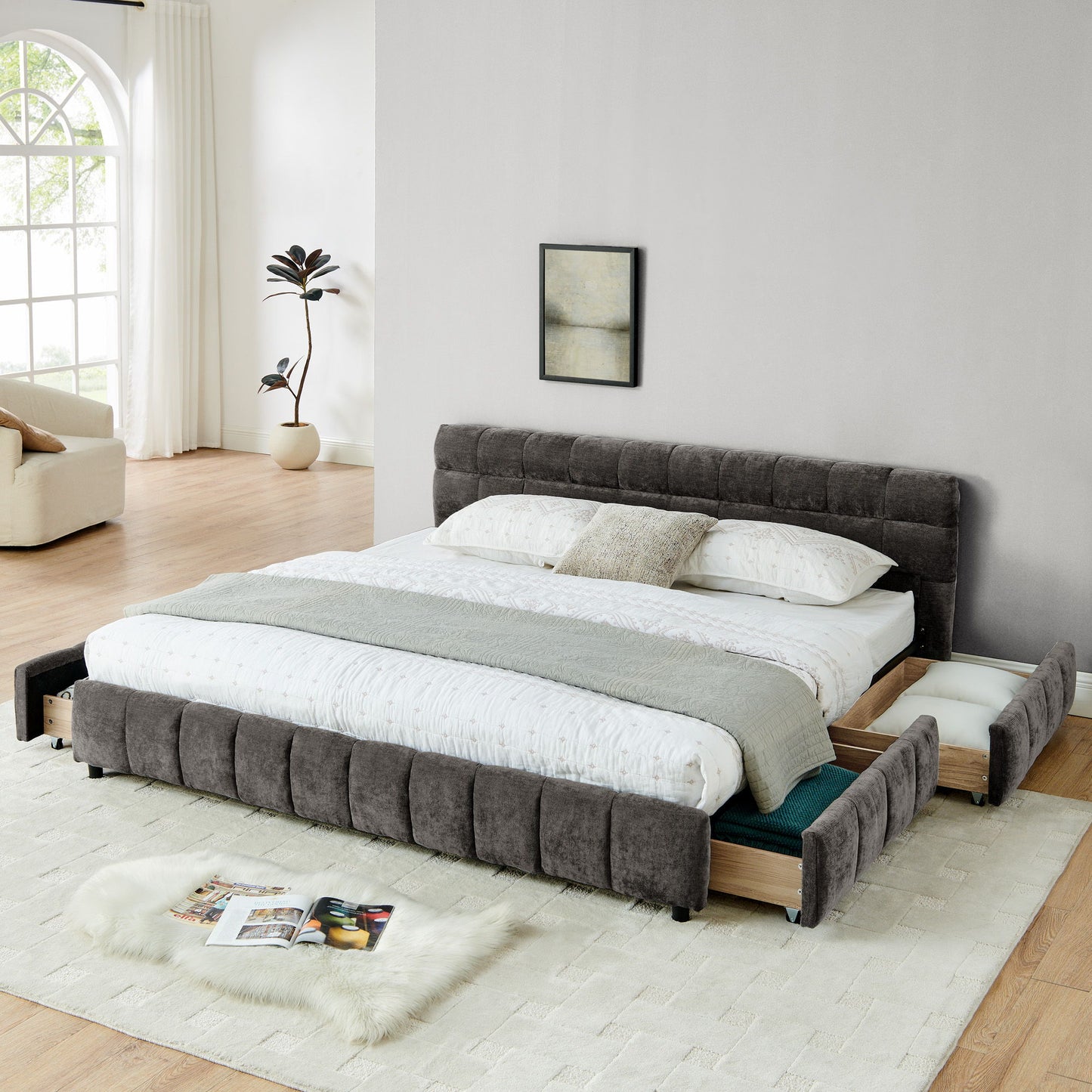 Modern Platform Bed Frame With Thick Chenille Fabric