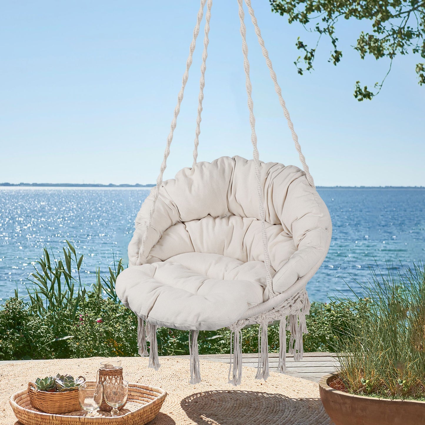 Macrame Hanging Hammock Chair With Cushion, Cotton Rope Swing For Indoor And Outdoor Use, 330 Lbs Capacity - Beige