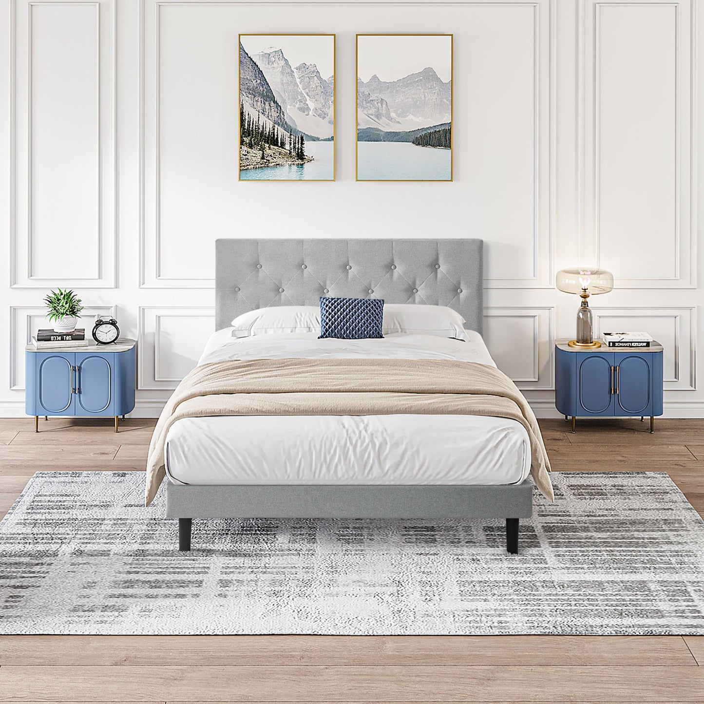Modern Upholstered Platform Bed Frame With Button Tufted Linen Fabric Headboard