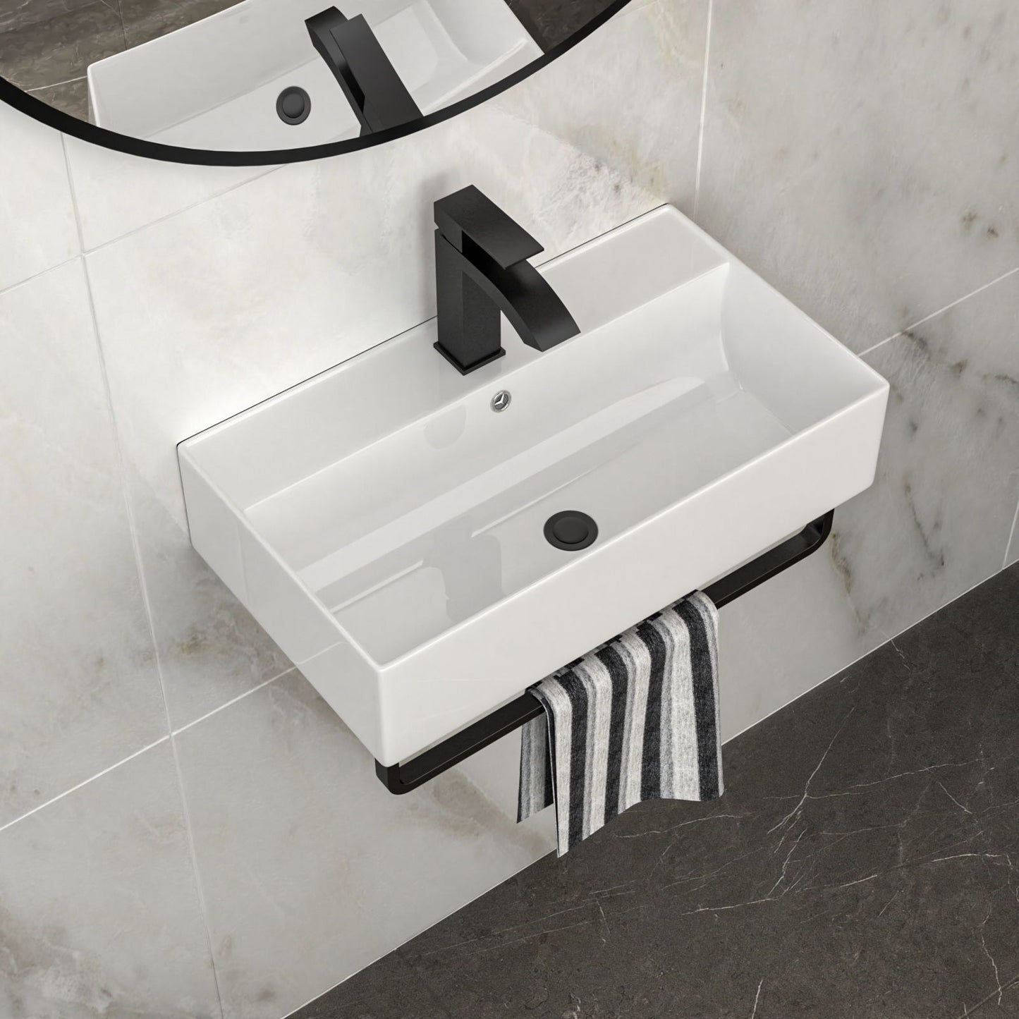 Wall Mounted Rectangular Bathroom Sink With Towel Bar