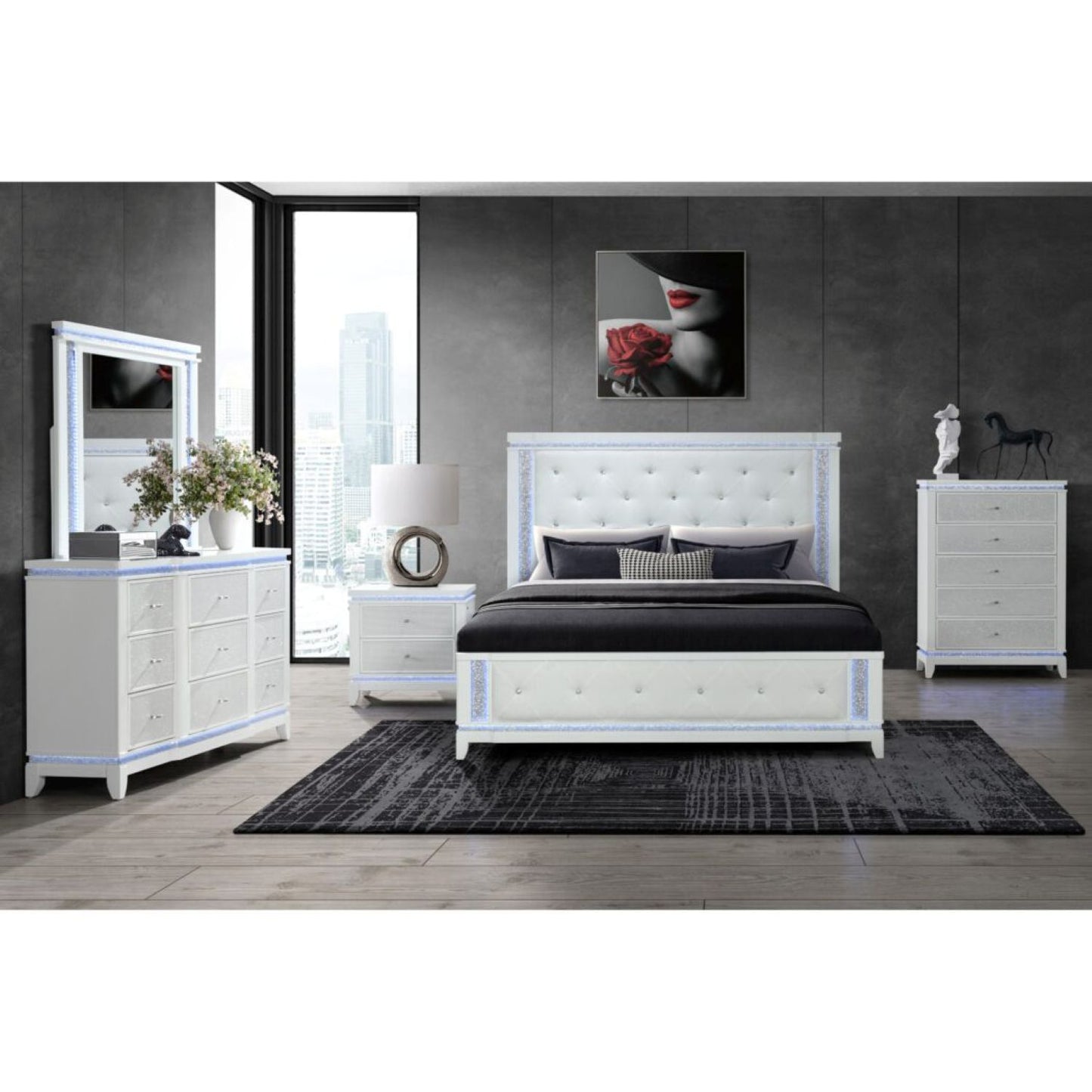 Adalid - 5 Pieces Bedroom Set With LED Lights And Glittered Detailing