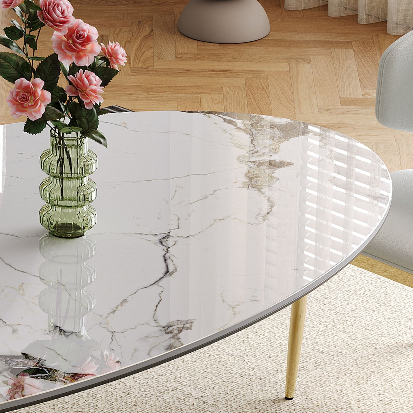Modern Luxury Marble Dining Table Set Oval Kitchen Table With Stainless Steel Base - Gold / White Print