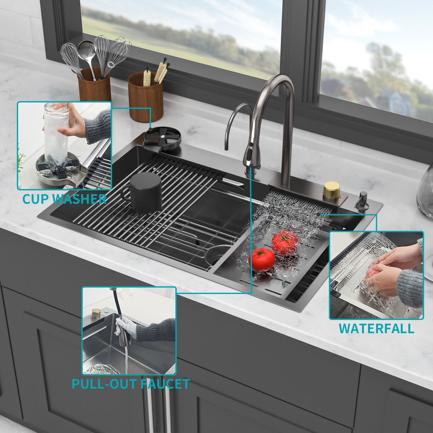 Waterfall Kitchen Sink With Pull Out Faucet & Cup Washer