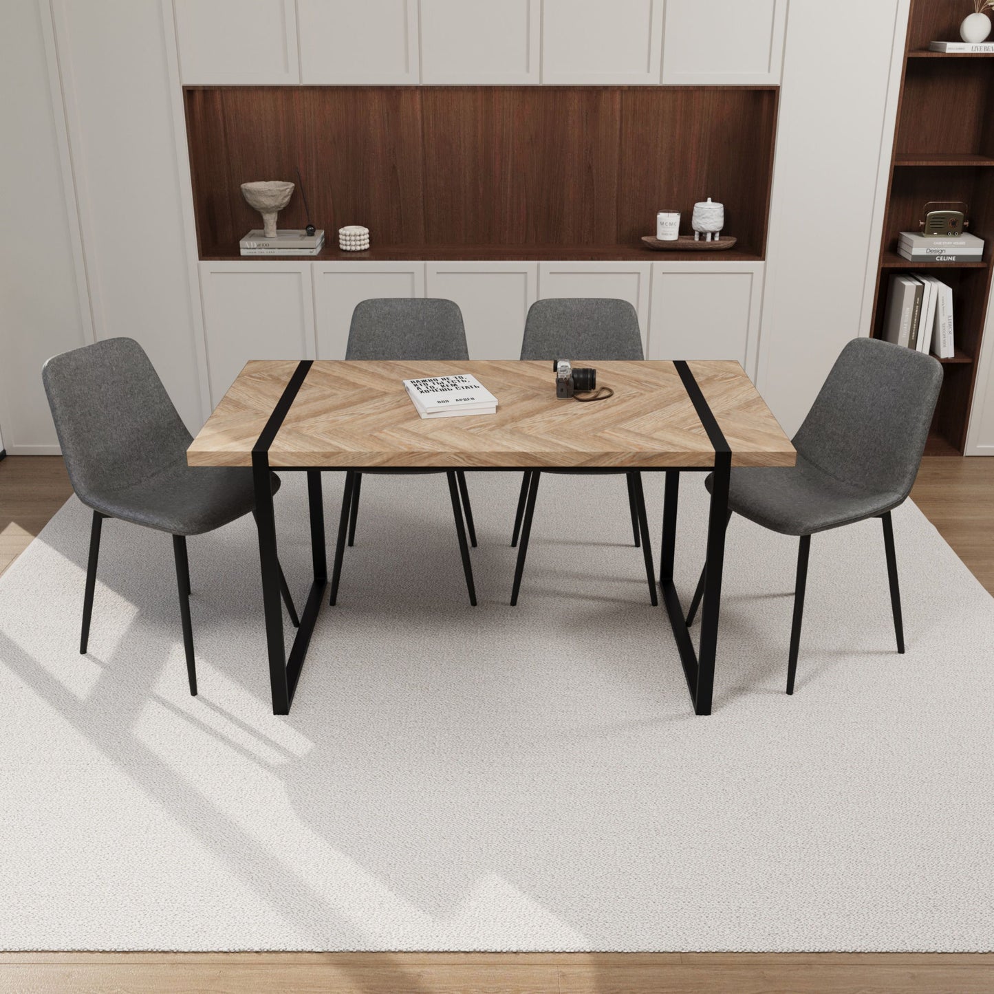 Modern Dining Table & Suede Chair Set WIth Rectangular Metal Base