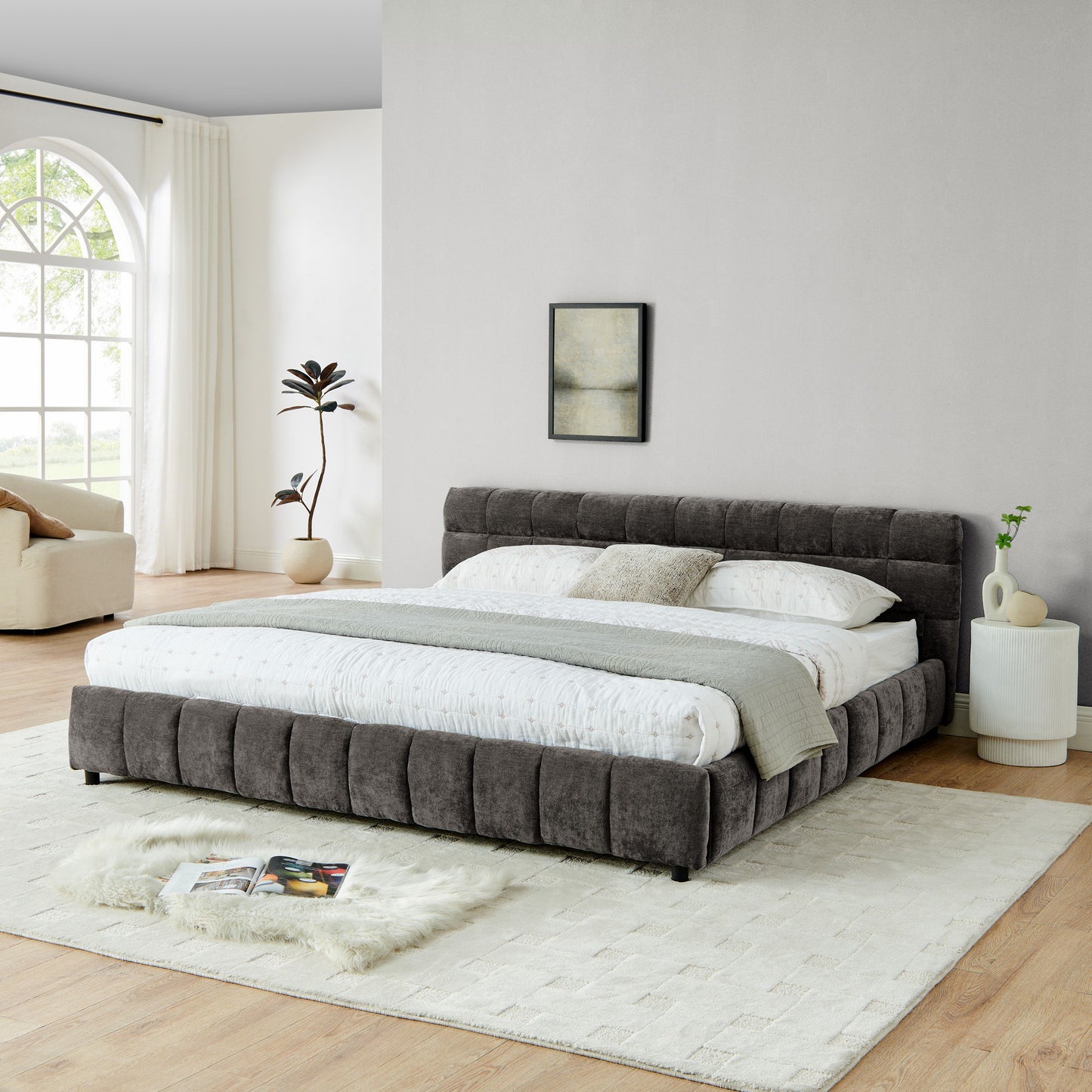 Modern Platform Bed Frame With Thick Chenille Fabric