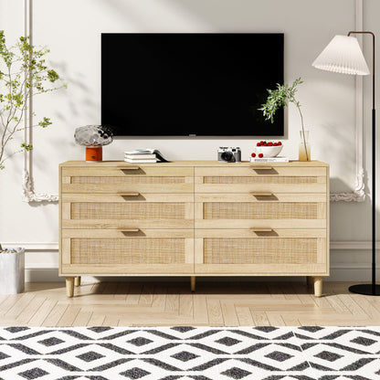 Rattan Dresser With 6 Drawers, Wooden Legs & Metal Handle
