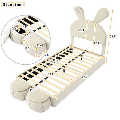 Upholstered Platform Bed With Cartoon Ears Shaped Headboard And LED Light