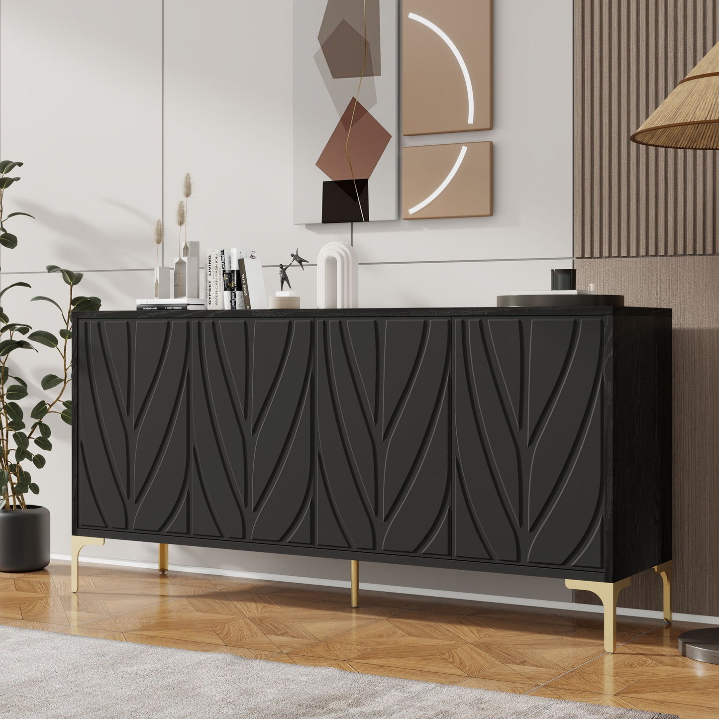 Modern Sideboard Buffet Cabinet With Handleless Press To Open Design With 4 Doors