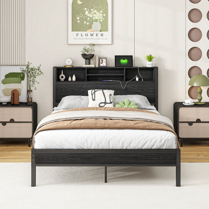 Modern Metal Platform Bed Frame With Storage Headboard And Charging Station