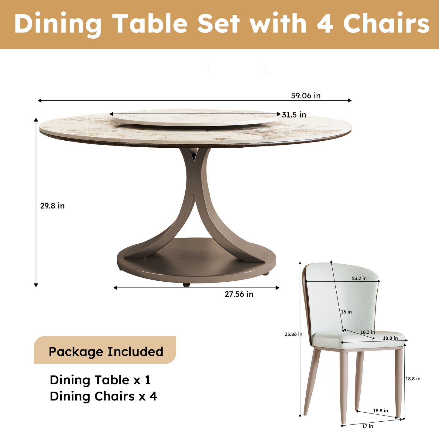 Modern Round Dining Table With 360° Rotating Lazy Susan Scratch & Chairs