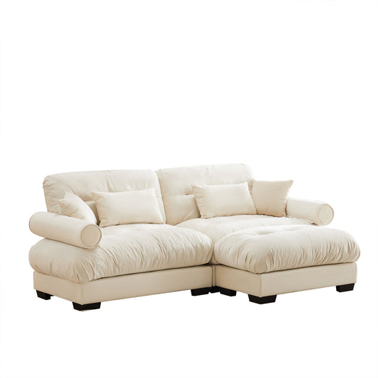 Modern Sectional Sofa With Ottoman, Round Bolster Armrests, Waist And Throw Pillows