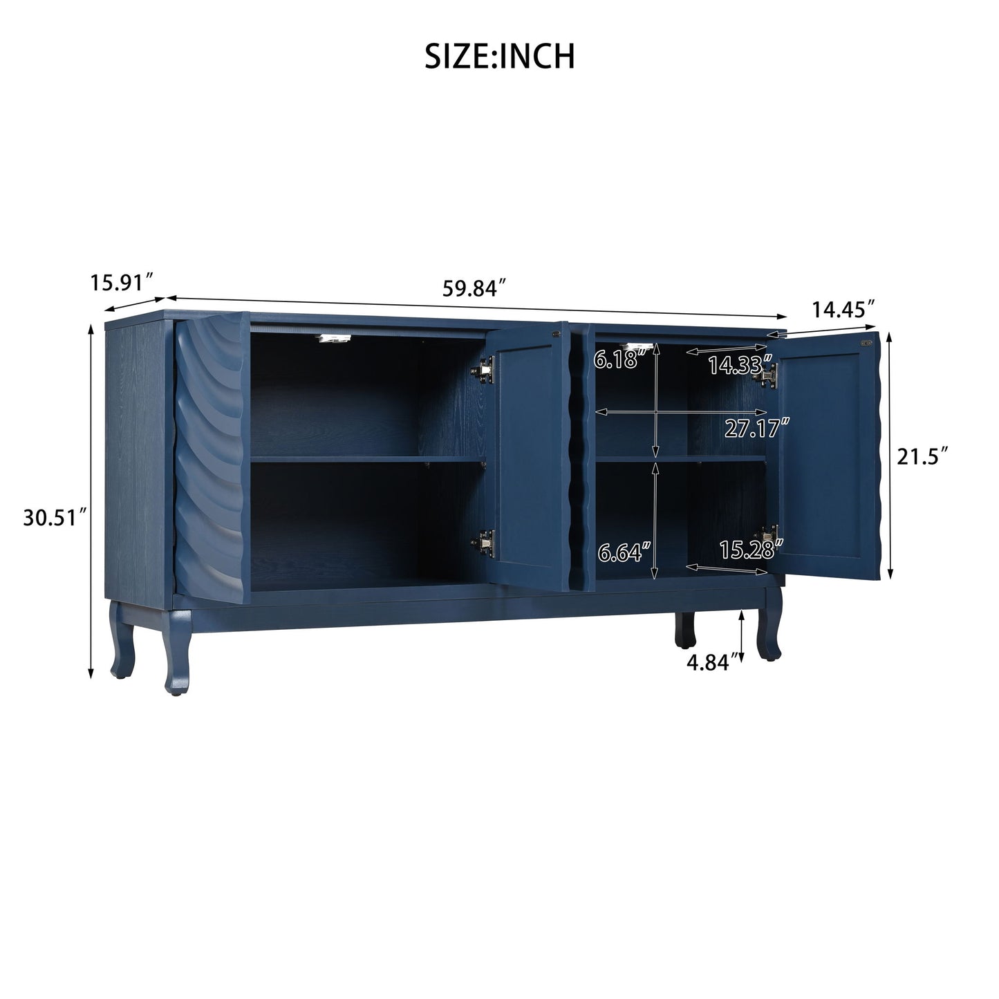 Elegant Sideboard With Sophisticated Wavy Pattern Doors And Arched Groove Design, Adjustable 4 Door Layout