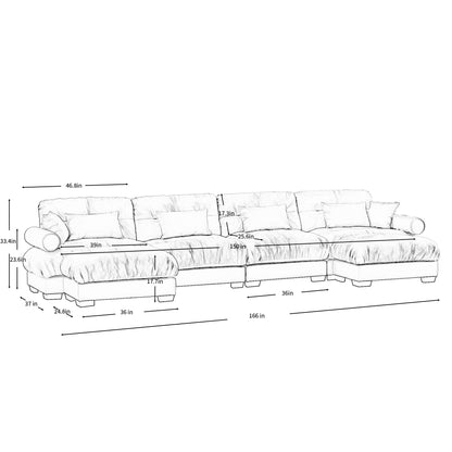 Modern Sectional Sofa With Ottoman, Round Bolster Armrests, Waist And Throw Pillows