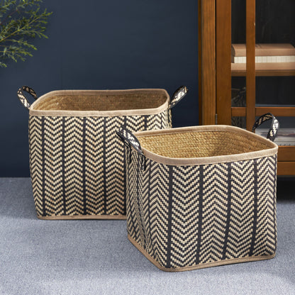 Square Palm Leaf Woven Wicker Storage Basket With Handles (Set of 2) - Back / Brown