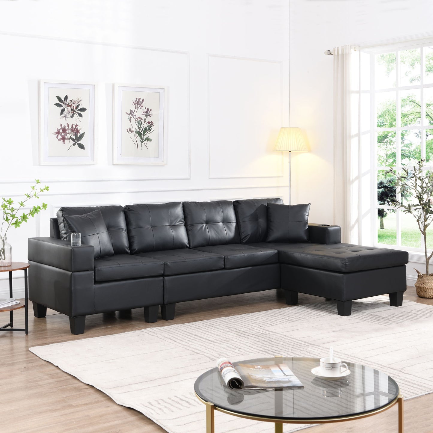 Modern Sectional Sofa Set With Chaise Lounge And Cup Holder