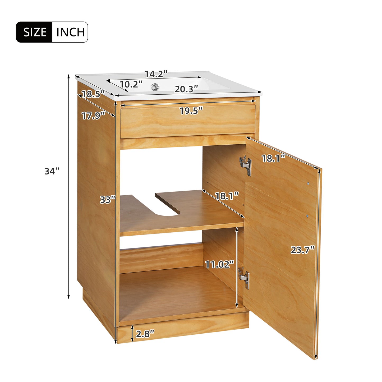 Bathroom Vanity With Sink, Freestanding Single Cabinet With Soft Closing Door And Adjustable Shelf - Natural Wood