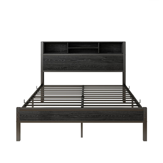 Modern Metal Platform Bed Frame With Storage Headboard And Charging Station