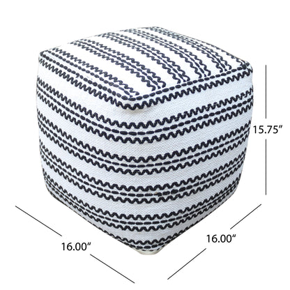 Lani - Handcrafted Fabric Pouf, Durable Cotton Square - Natural / Black