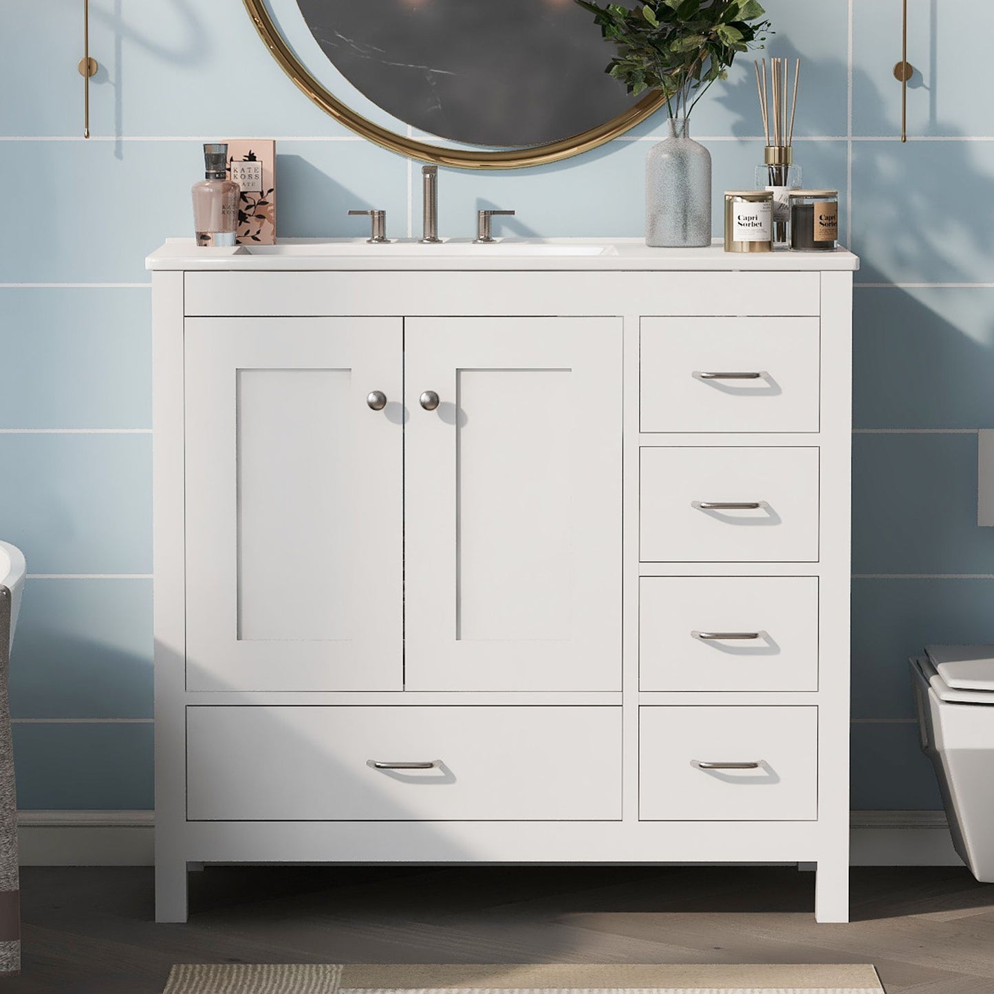 Bathroom Vanity With Ceramic Sink Combo, Abundant Storage Cabinet 2 Soft Close Doors And 5 Drawers
